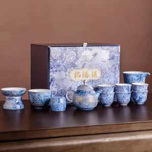 1-61.jpg Antique Luxury Blue Dragon Chinese Ceramic Gongfu Tea Pot Set with Wire Inlay Silver Gilt