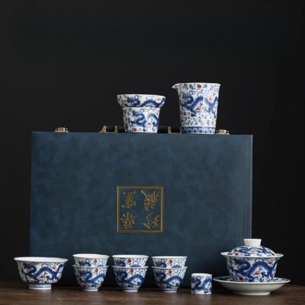 1-72.jpg Vintage Elegant Chinese Blue and White Porcelain Dragon Phoenix Luxury Gongfu Tea Cup Set