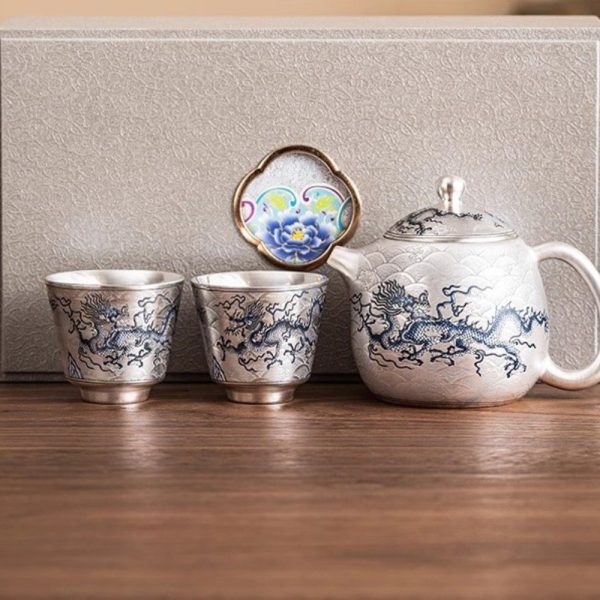 1-73.jpg Antique Elegant Gilt Silver Tea Sets with Blue and White Porcelain Exclusive Dragon Pattern