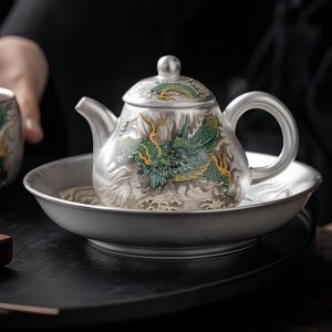 2-11-1.jpg Antique Chinese Green Dragon Silver Gilded Porcelain Pear-Shaped Teapot