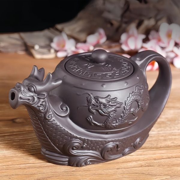 2-33.jpg Gongfu Teapot in Dragon Boat Shape with Strainer Crafted from Black and Brown Yixing Clay Chinese Design