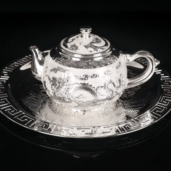 2-44.jpg Vintage Opulent Silver Chinese Dragon and Phoenix Refined Gongfu Tea Pot Set