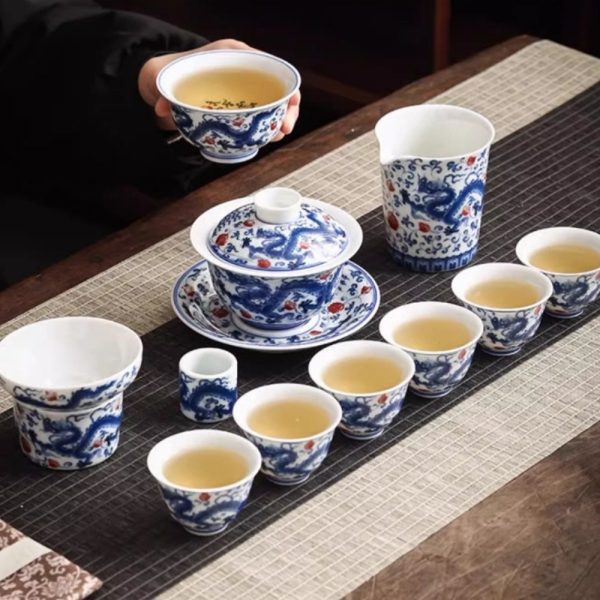 2-65.jpg Vintage Elegant Chinese Blue and White Porcelain Dragon Phoenix Luxury Gongfu Tea Cup Set