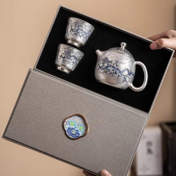 2-66.jpg Antique Elegant Gilt Silver Tea Sets with Blue and White Porcelain Exclusive Dragon Pattern