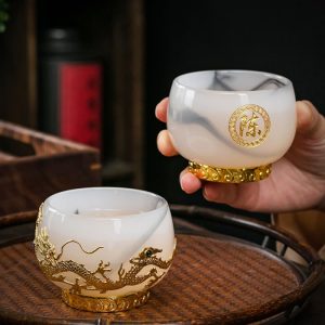 2-7-2.jpg Ink White Jade Colored Glaze Chinese Chawan Tea Cup Inlaid with Golden Dragon