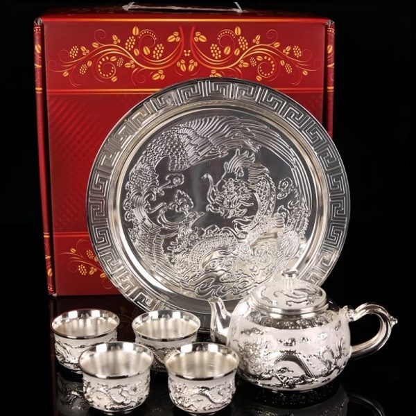 3-38.jpg Vintage Opulent Silver Chinese Dragon and Phoenix Refined Gongfu Tea Pot Set