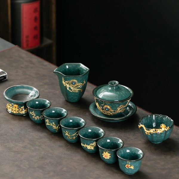 Luxury Vintage Chinese Green Ice Crackle Glaze Gongfu Tea Pot Set with Gold Inlaid Jade Dragon and Phoenix