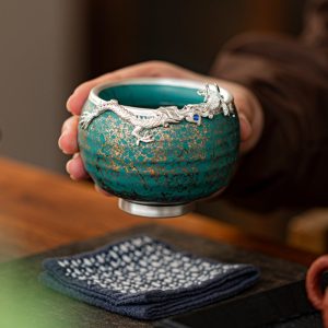 3-5.jpg Antique Turquoise Gold Glaze Green Ceramic Year of The Dragon Tea Cup with Silver Dragon