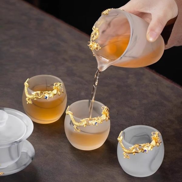 Luxury Chinese Gongfu Tea Cup Set with Colored Glaze and Gold Dragon Figurine in Ink Painting Style