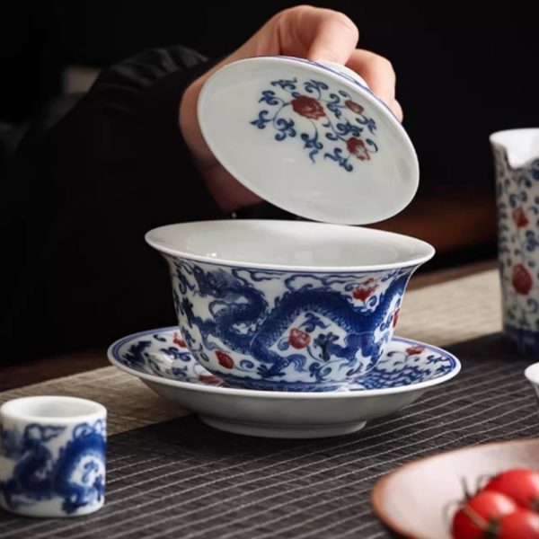3-58.jpg Vintage Elegant Chinese Blue and White Porcelain Dragon Phoenix Luxury Gongfu Tea Cup Set