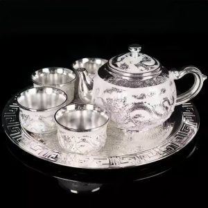 4-37.jpg Vintage Opulent Silver Chinese Dragon and Phoenix Refined Gongfu Tea Pot Set