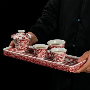 4-44.jpg Traditional Chinese Year of the Dragon Vintage Jingdezhen Porcelain Red Dragon Themed Tea Cup Set