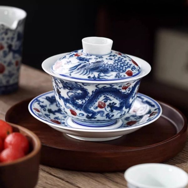 4-55.jpg Vintage Elegant Chinese Blue and White Porcelain Dragon Phoenix Luxury Gongfu Tea Cup Set