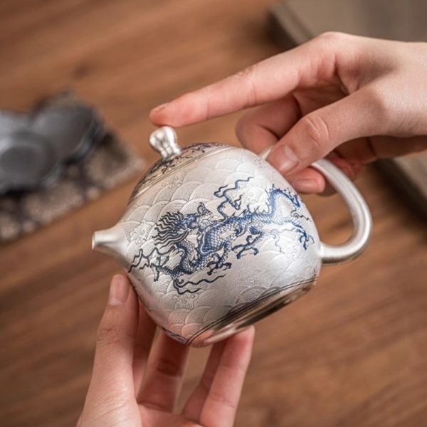 5-58.jpg Antique Elegant Gilt Silver Tea Sets with Blue and White Porcelain Exclusive Dragon Pattern