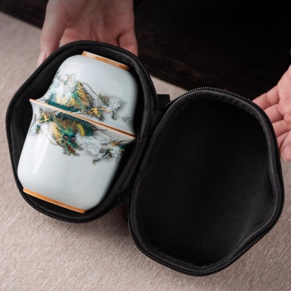 7-11.jpg Antique Compact Ceramic Green Dragon Theme Travel Tea Set with Portable Bag