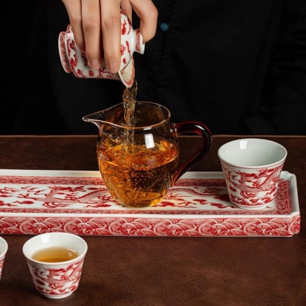 Traditional Chinese Year of the Dragon Vintage Jingdezhen Porcelain Red Dragon Themed Tea Cup Set