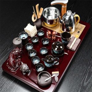 Jianzhan-Gongfu-Tea-Set-03.jpg Pixiu Themed Gongfu Tea Set with Jianzhan Cups and Red Wooden Tea Tray