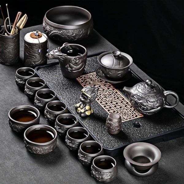 a-30.jpg Authentic Yixing Purple Clay Year of the Dragon Gongfu Tea Set with Antique Chinese Dragon Carving