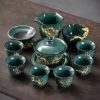 Luxury Vintage Chinese Green Ice Crackle Glaze Gongfu Tea Pot Set with Gold Inlaid Jade Dragon and Phoenix