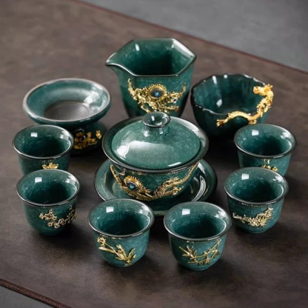 Luxury Vintage Chinese Green Ice Crackle Glaze Gongfu Tea Pot Set with Gold Inlaid Jade Dragon and Phoenix