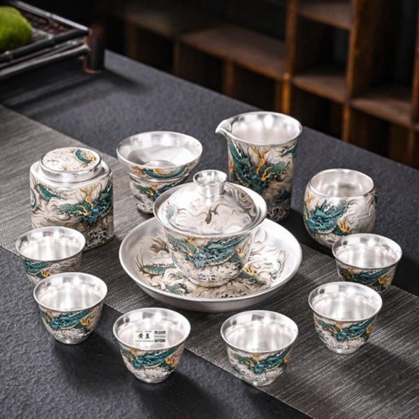 Vintage Exquisite Handmade Chinese Silver Dragon Gongfu Tea Cup Set Lazy Semi-Automatic