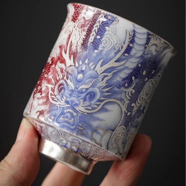 b-18.jpg Sterling Silver Glaze Hand Painted Dragon Antique Japanese Porcelain Tea Cups