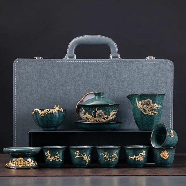 Luxury Vintage Chinese Green Ice Crackle Glaze Gongfu Tea Pot Set with Gold Inlaid Jade Dragon and Phoenix
