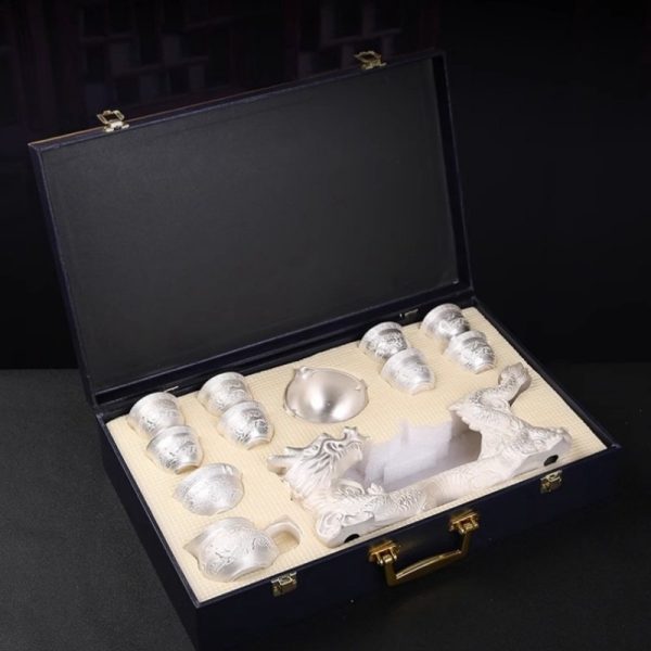 Vintage Chinese Silver Dragon Lazy Semi-Automatic Handmade Gongfu Tea Cup Set For Sale