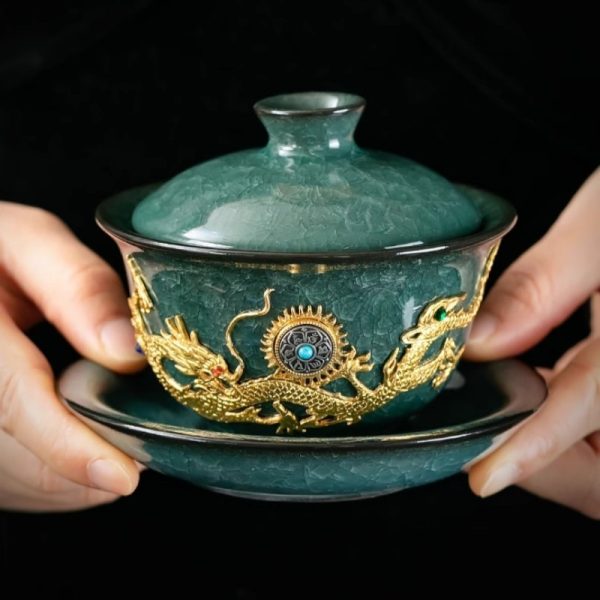 Luxury Vintage Chinese Green Ice Crackle Glaze Gongfu Tea Pot Set with Gold Inlaid Jade Dragon and Phoenix